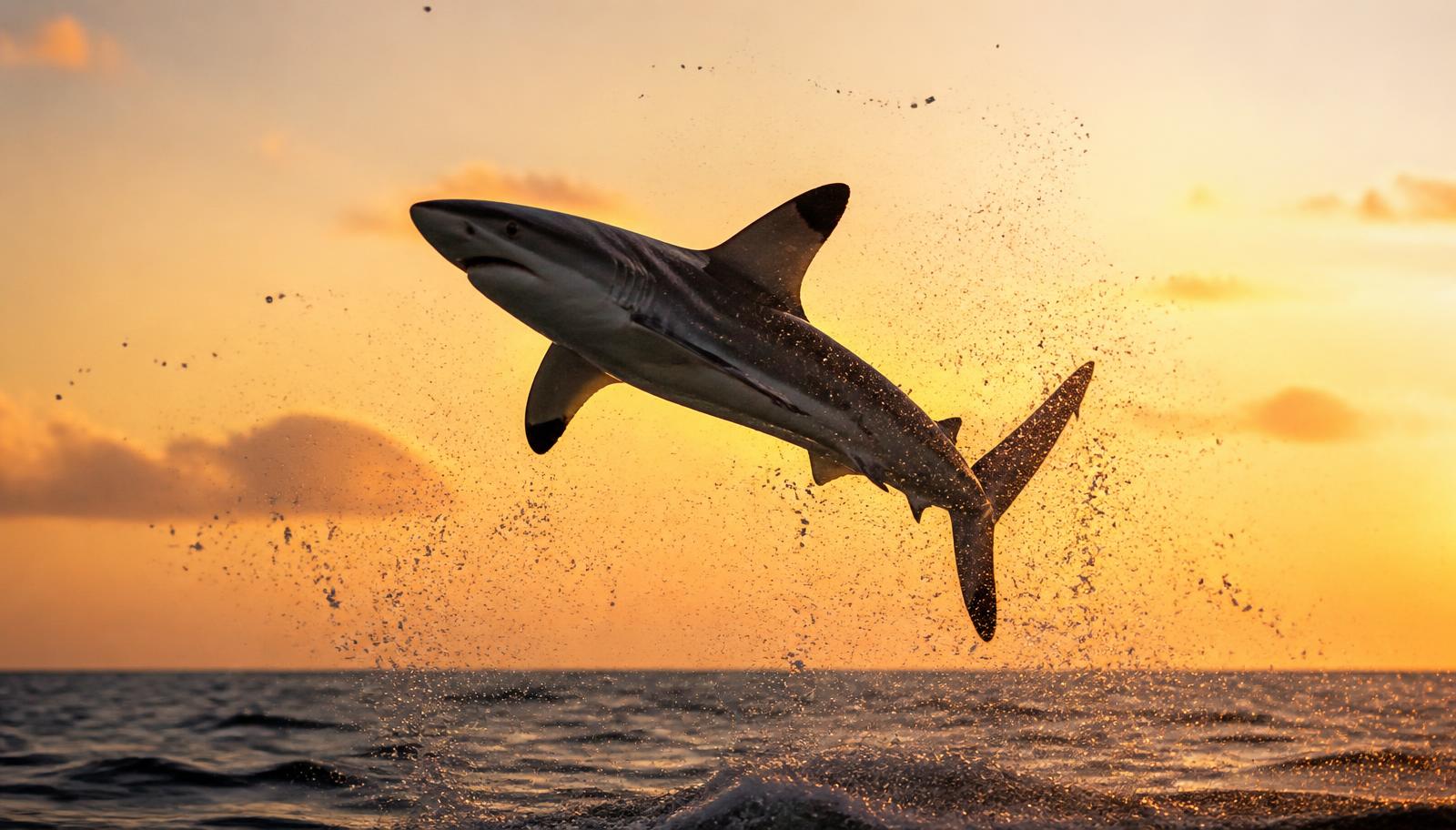 A blacktip shark leaping clear of the ocean at sunrise